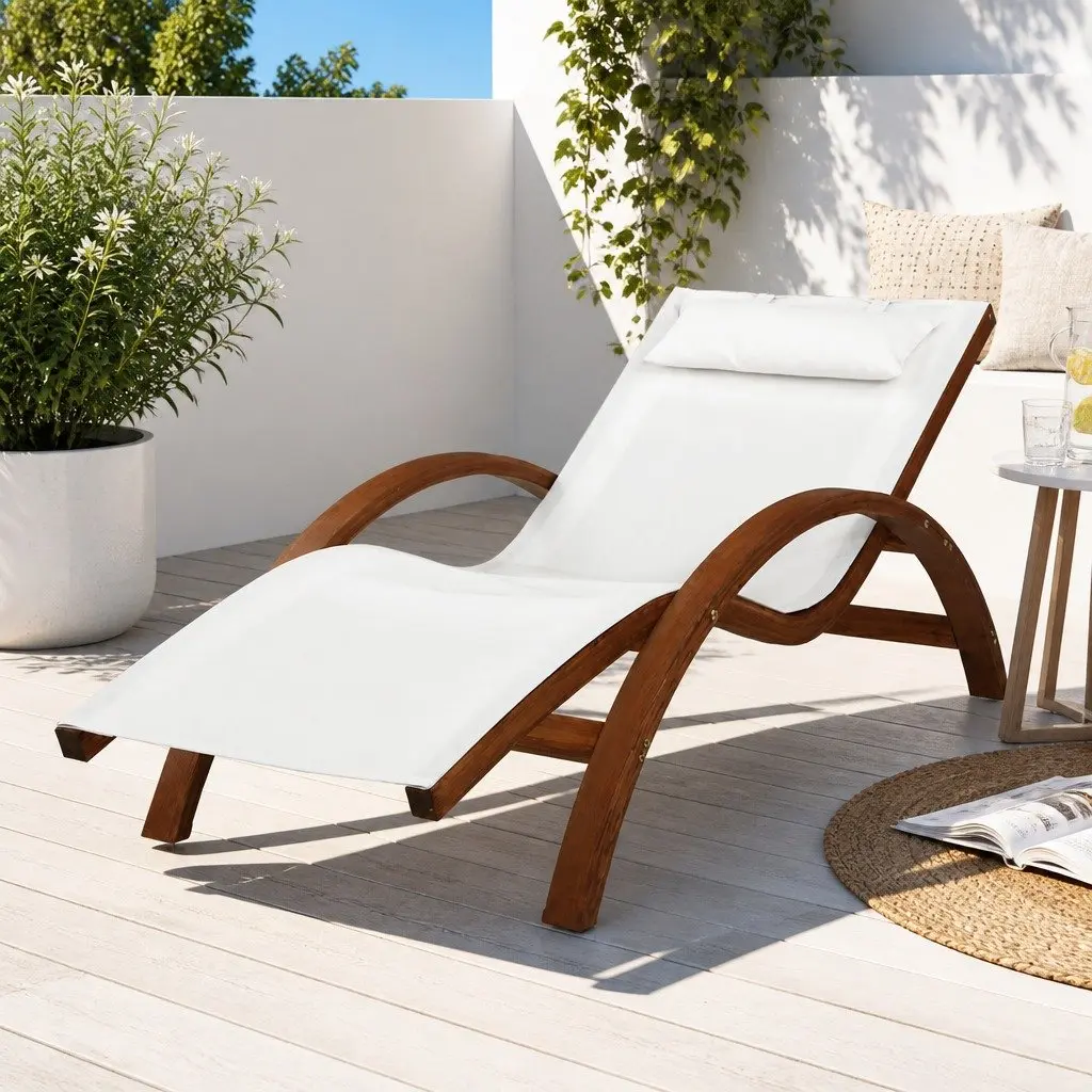 Sun Lounge Outdoor Timber Armchair Curved Larch Wooden Frame Cream Textilene Mesh Seat