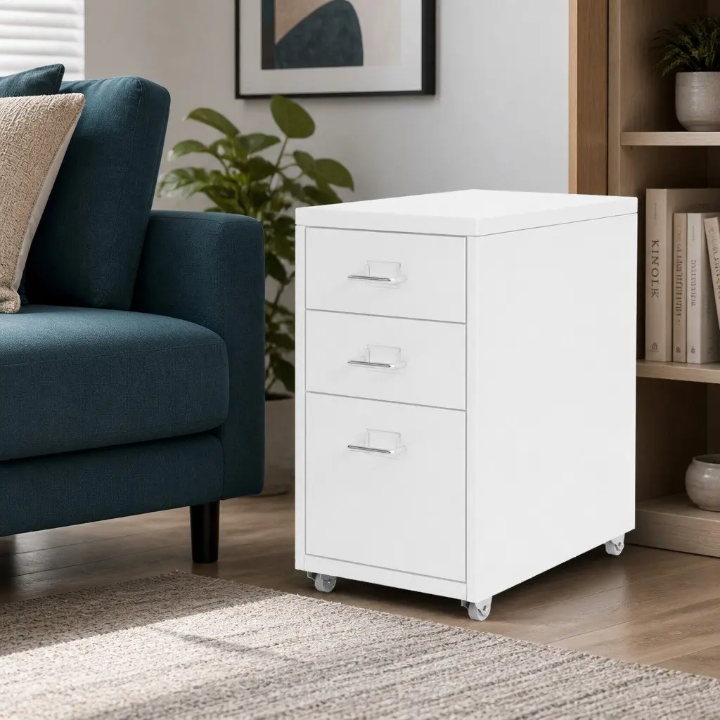 Filing Cabinet Steel Frame 3 Drawer Compact Organizer White