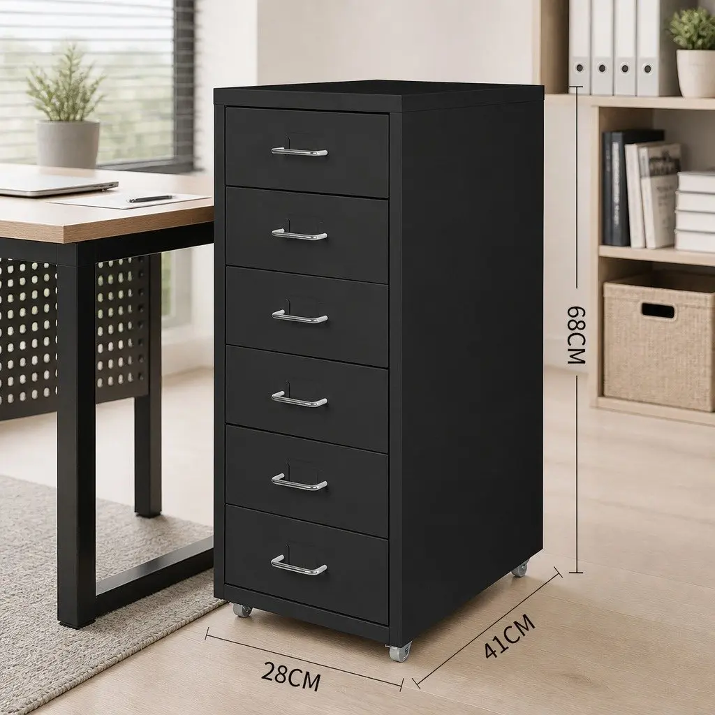 6 Drawer Filing Cabinet Steel Black Office Storage Organizer