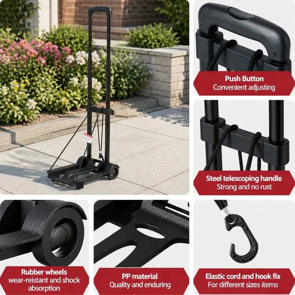 Portable Folding Trolley Lightweight Adjustable Handle Black Utility Cart 25kg