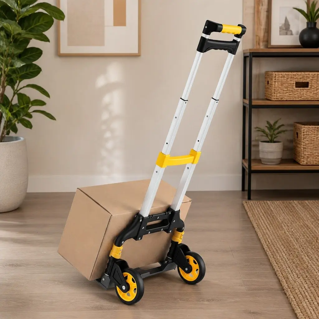 Portable Folding Hand Truck Lightweight Trolley Black Yellow 80kg Capacity Travel Cart with Adjustable Handle and Rubber Wheels