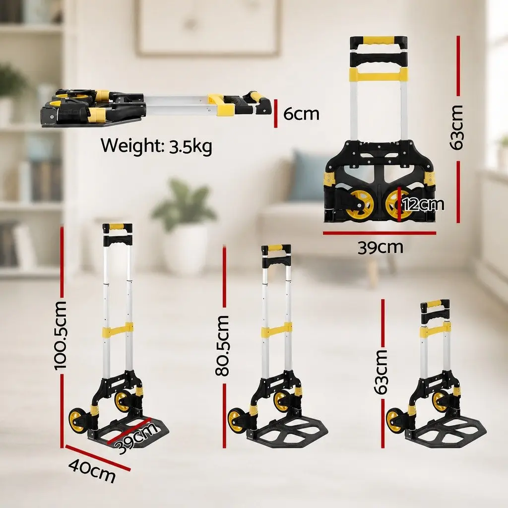 Portable Folding Hand Truck Lightweight Trolley Black Yellow 80kg Capacity Travel Cart with Adjustable Handle and Rubber Wheels