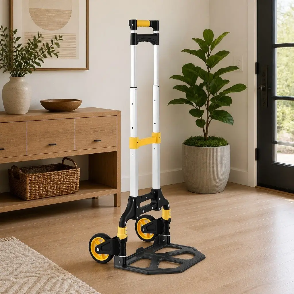 Portable Folding Hand Truck Lightweight Trolley Black Yellow 80kg Capacity Travel Cart with Adjustable Handle and Rubber Wheels