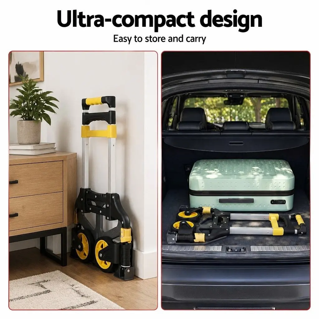 Portable Folding Hand Truck Lightweight Trolley Black Yellow 80kg Capacity Travel Cart with Adjustable Handle and Rubber Wheels