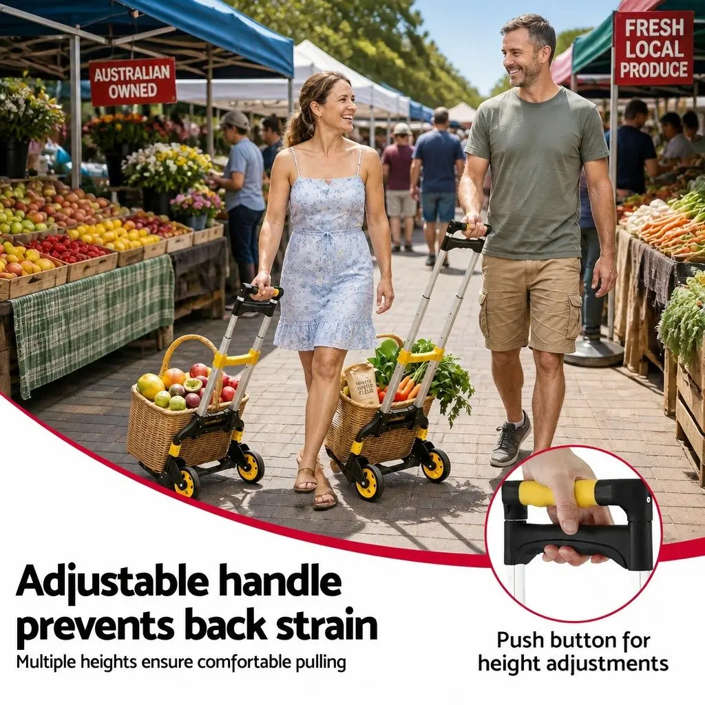Portable Folding Hand Truck Lightweight Trolley Black Yellow 80kg Capacity Travel Cart with Adjustable Handle and Rubber Wheels