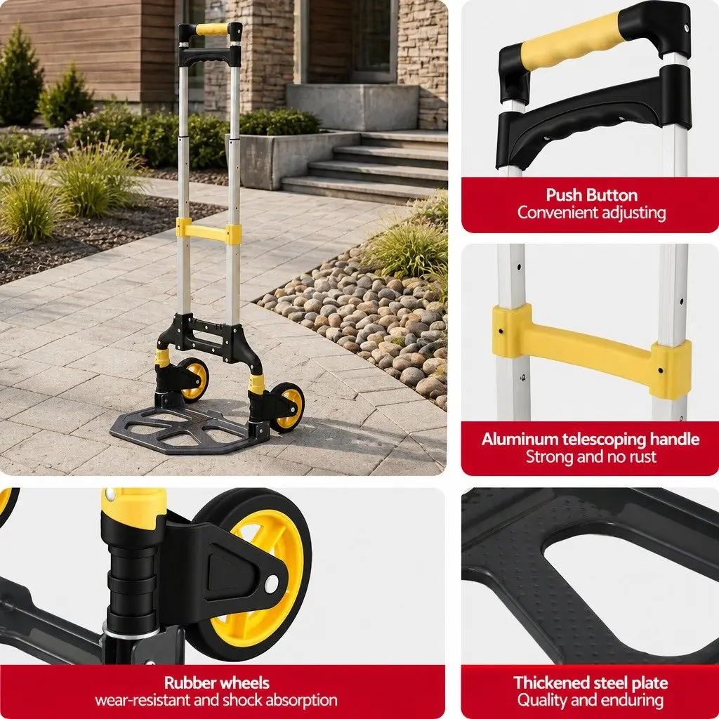 Portable Folding Hand Truck Lightweight Trolley Black Yellow 80kg Capacity Travel Cart with Adjustable Handle and Rubber Wheels