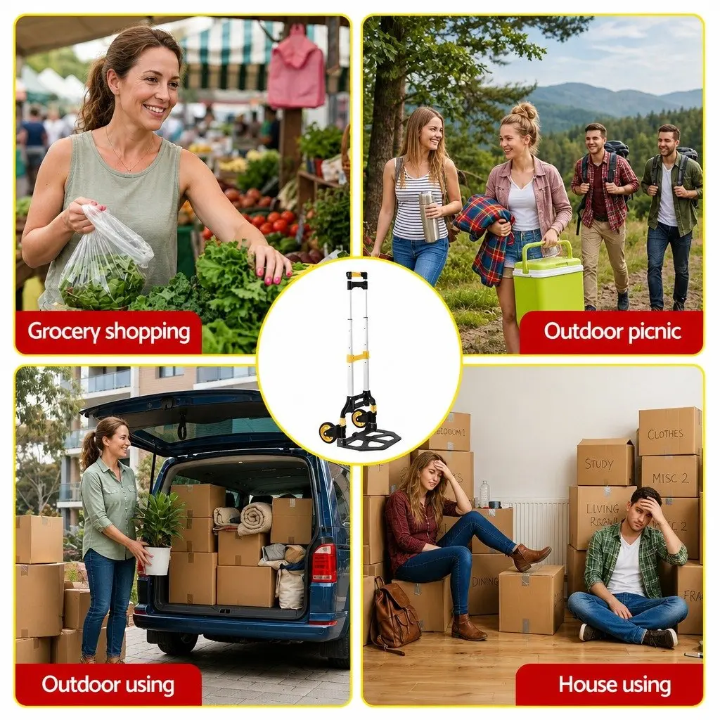 Portable Folding Hand Truck Lightweight Trolley Black Yellow 80kg Capacity Travel Cart with Adjustable Handle and Rubber Wheels