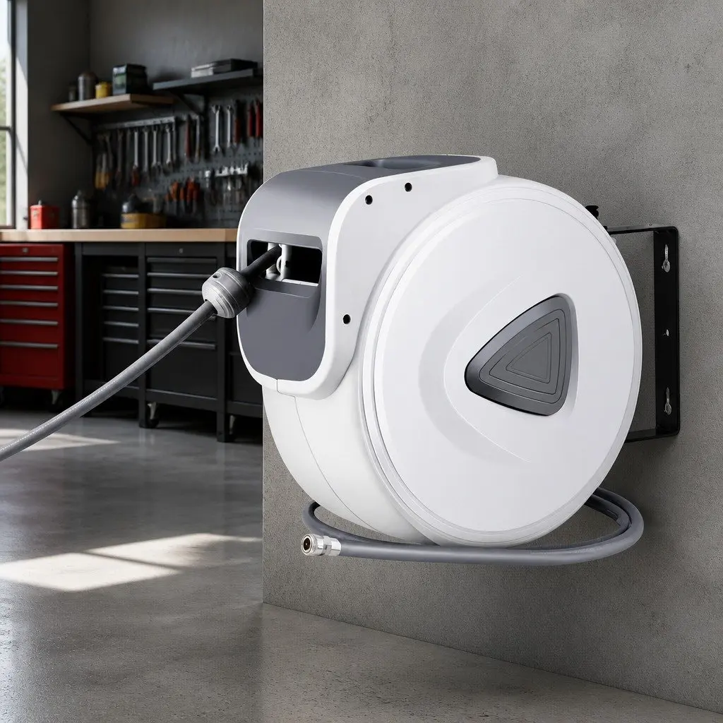 Air Hose Reel Retractable PVC 10m Grey/White Wall Mount Swivel