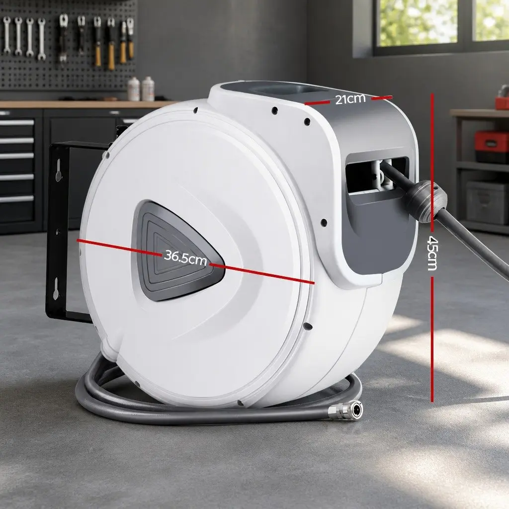 Air Hose Reel Retractable PVC 10m Grey/White Wall Mount Swivel