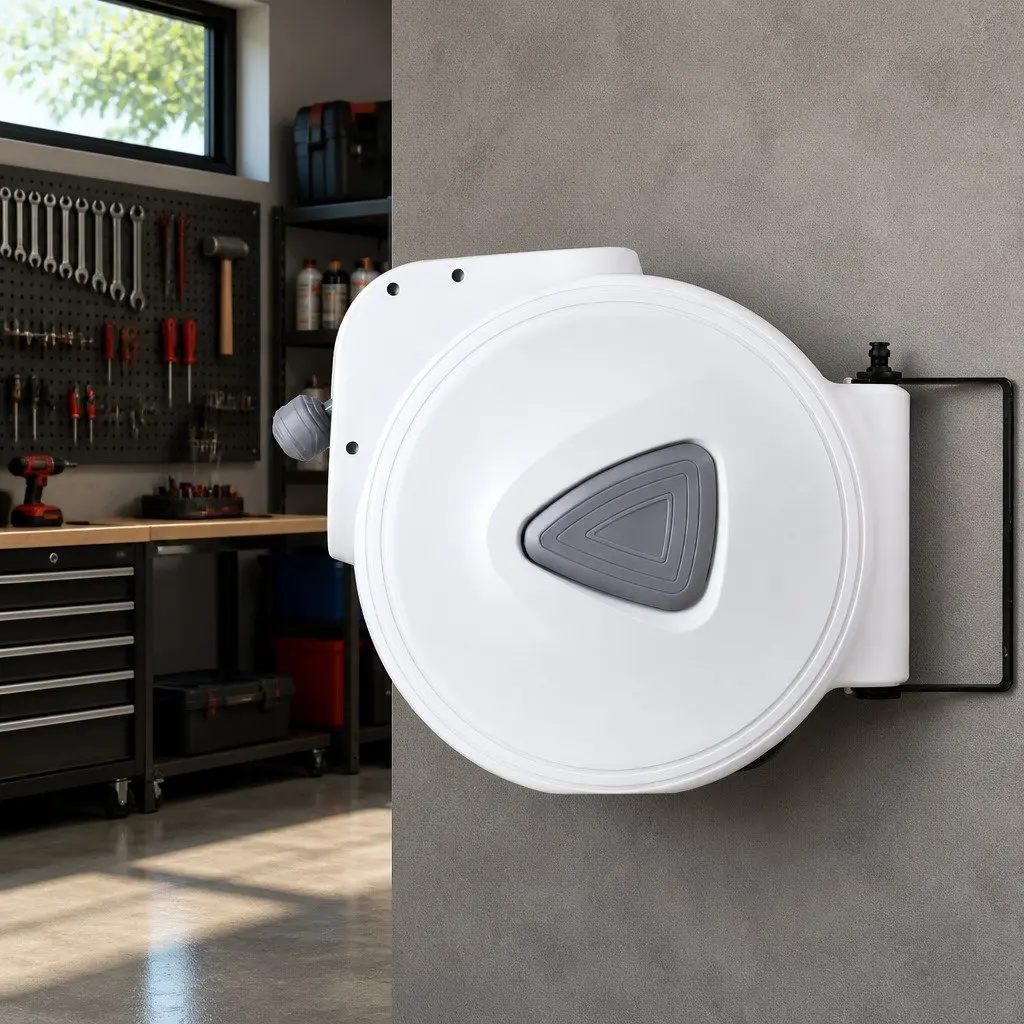 Air Hose Reel Retractable PVC 10m Grey/White Wall Mount Swivel