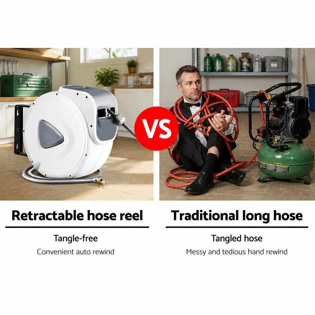 Air Hose Reel Retractable PVC 10m Grey/White Wall Mount Swivel