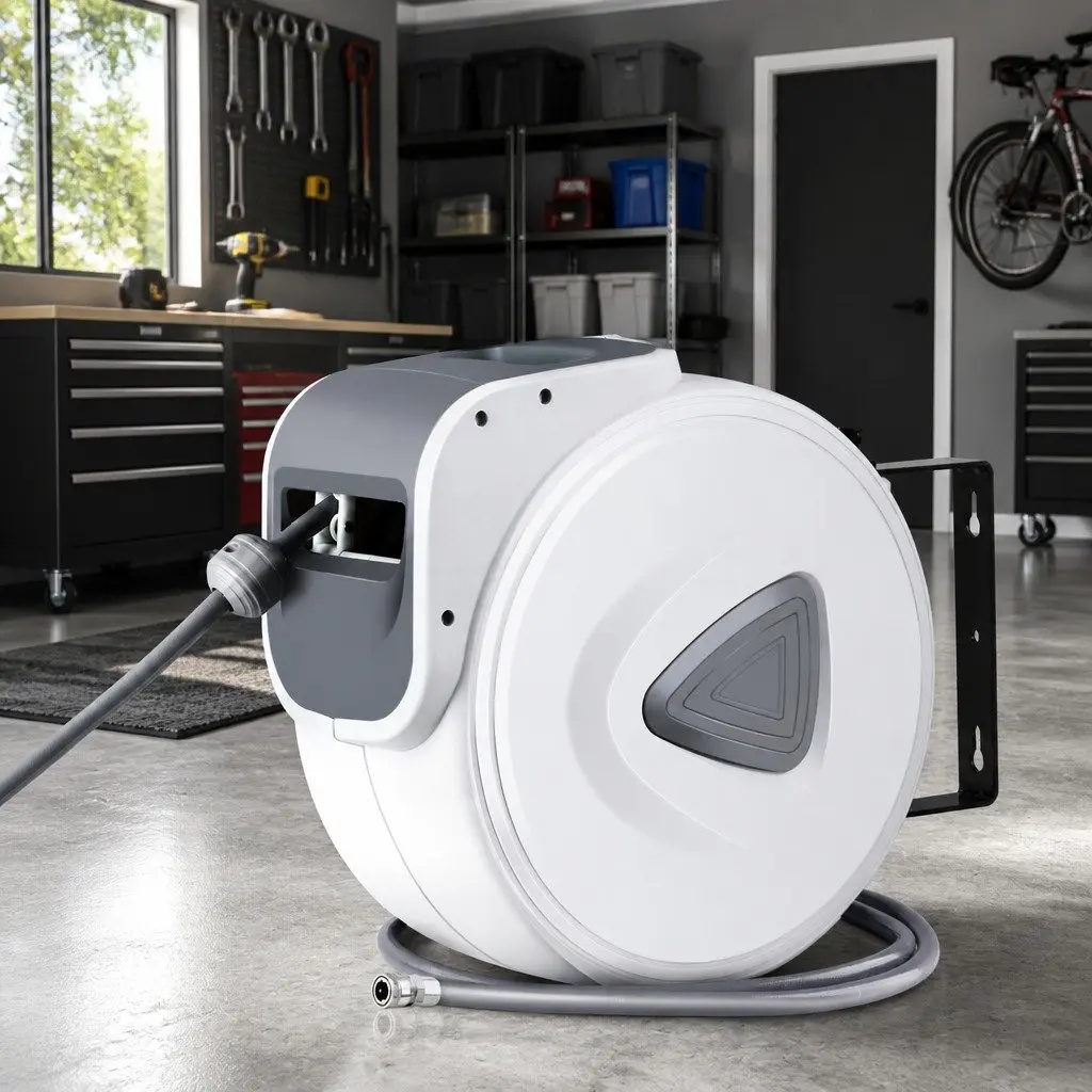 Air Hose Reel Retractable PVC 10m Grey/White Wall Mount Swivel