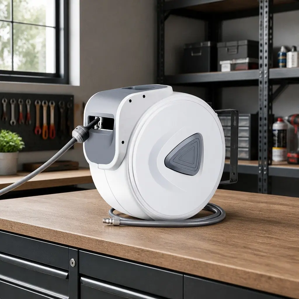 Air Hose Reel Retractable 20m UV-Resistant PVC Grey White Wall Mount Swivel