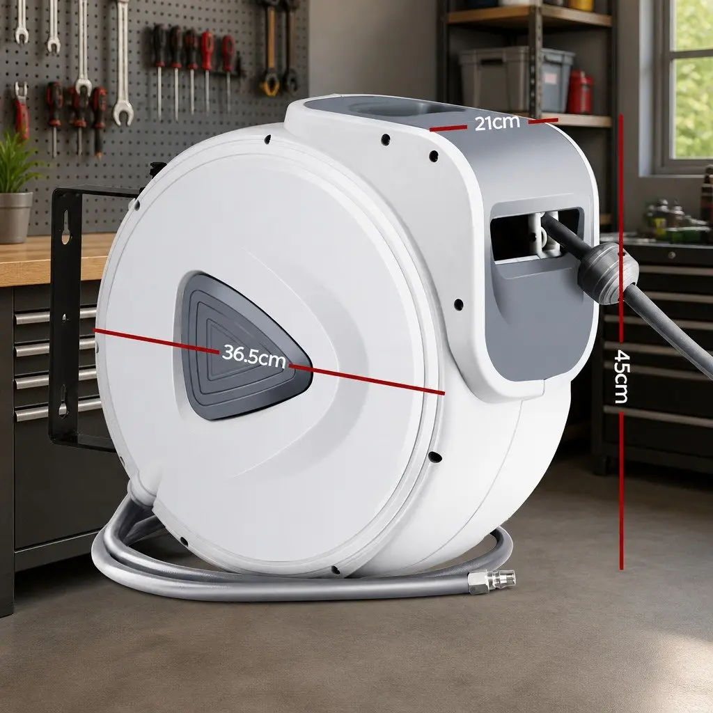 Air Hose Reel Retractable 20m UV-Resistant PVC Grey White Wall Mount Swivel