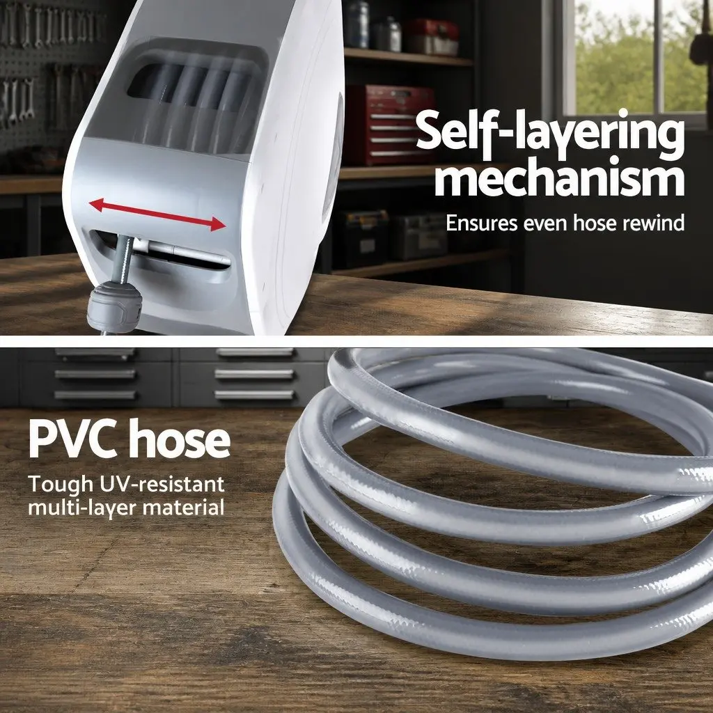 Air Hose Reel Retractable 20m UV-Resistant PVC Grey White Wall Mount Swivel