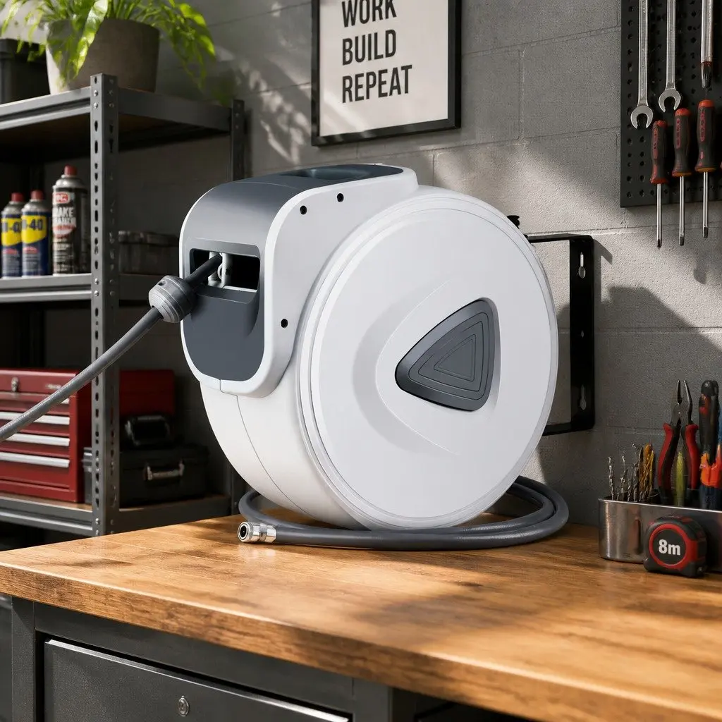 Air Hose Reel Retractable 20m UV-Resistant PVC Grey White Wall Mount Swivel