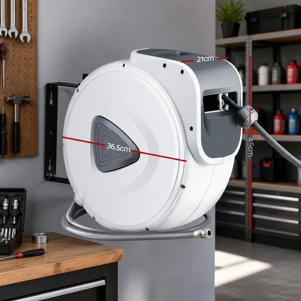Air Hose Reel Retractable 20m UV-Resistant PVC Grey White Wall Mount Swivel