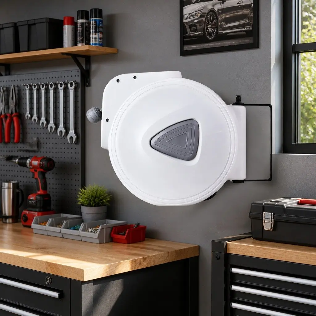 Air Hose Reel Retractable 20m UV-Resistant PVC Grey White Wall Mount Swivel