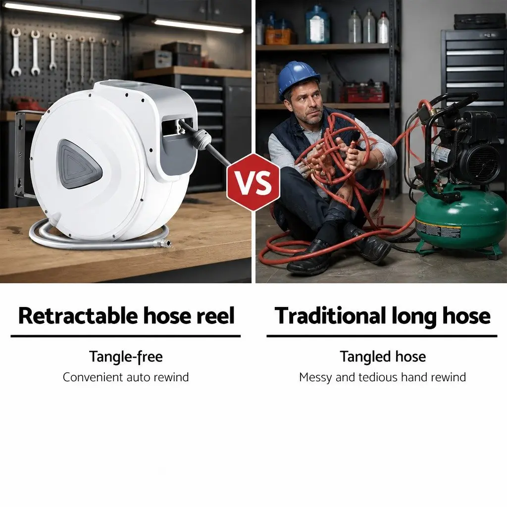 Air Hose Reel Retractable 20m UV-Resistant PVC Grey White Wall Mount Swivel