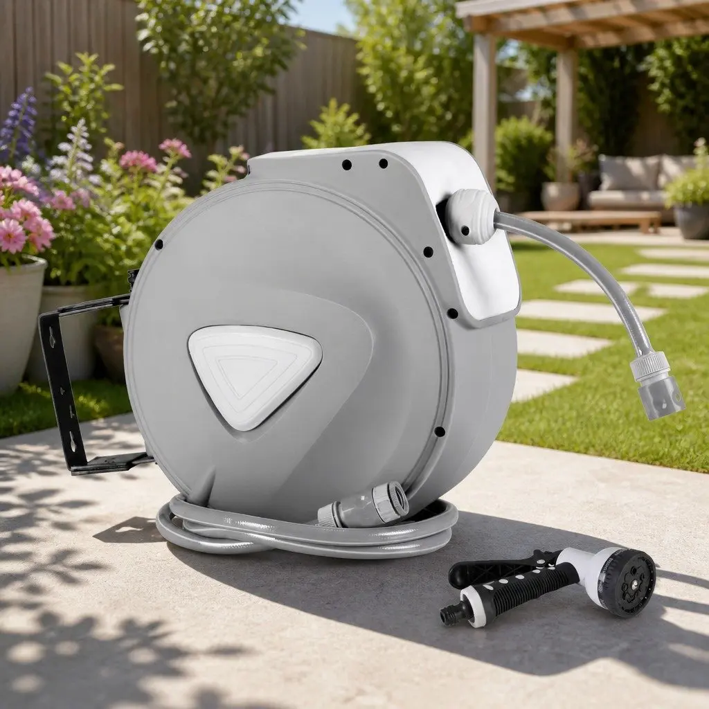 Water Hose Reel 10M Retractable Auto Rewind Wall Mount Garden Spray Gun Grey