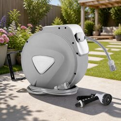 Water Hose Reel 10M Retractable Auto Rewind Wall Mount Garden Spray Gun Grey