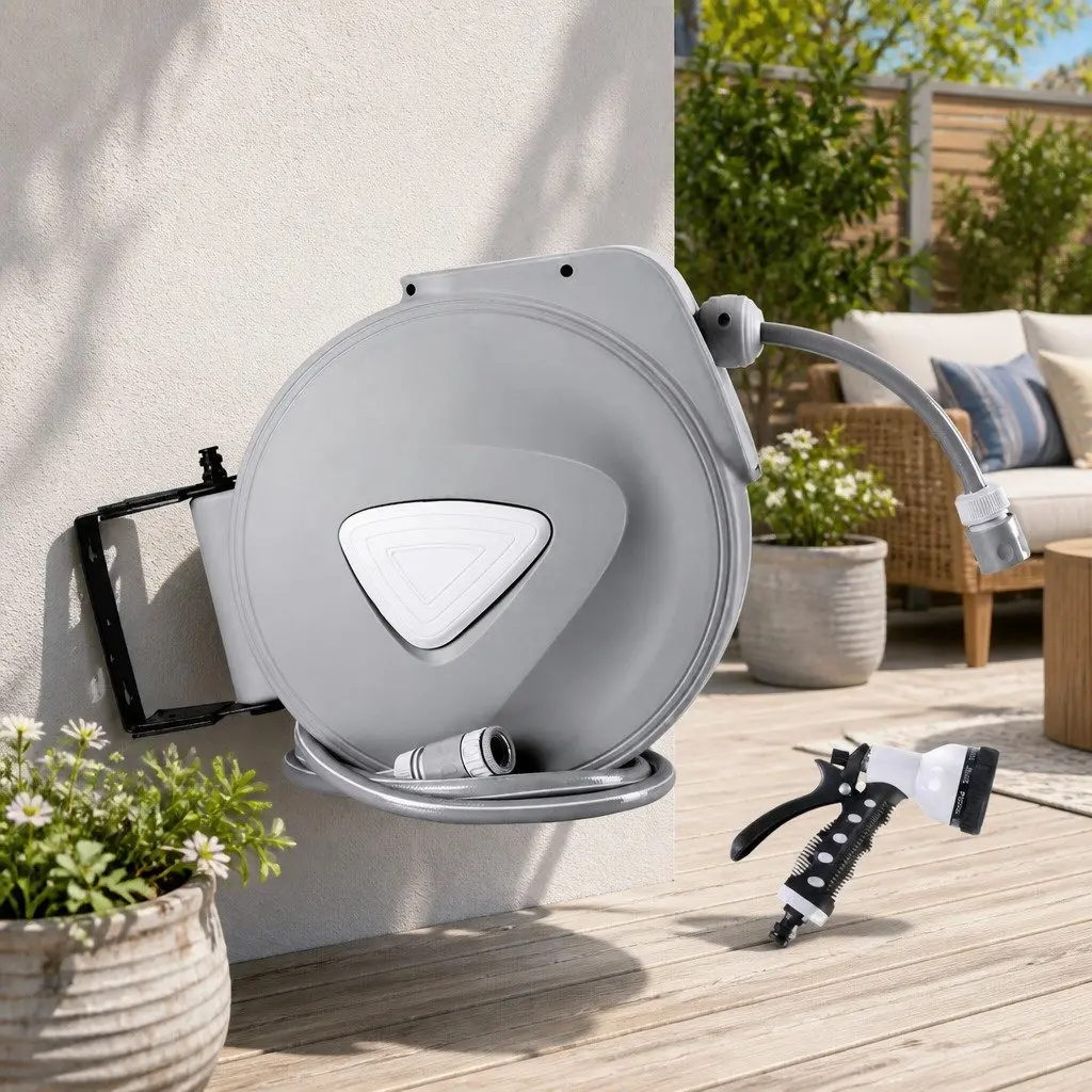 Retractable Water Hose Reel 20M with Spray Gun Wall Mount Grey Automatic Rewind Garden Tool