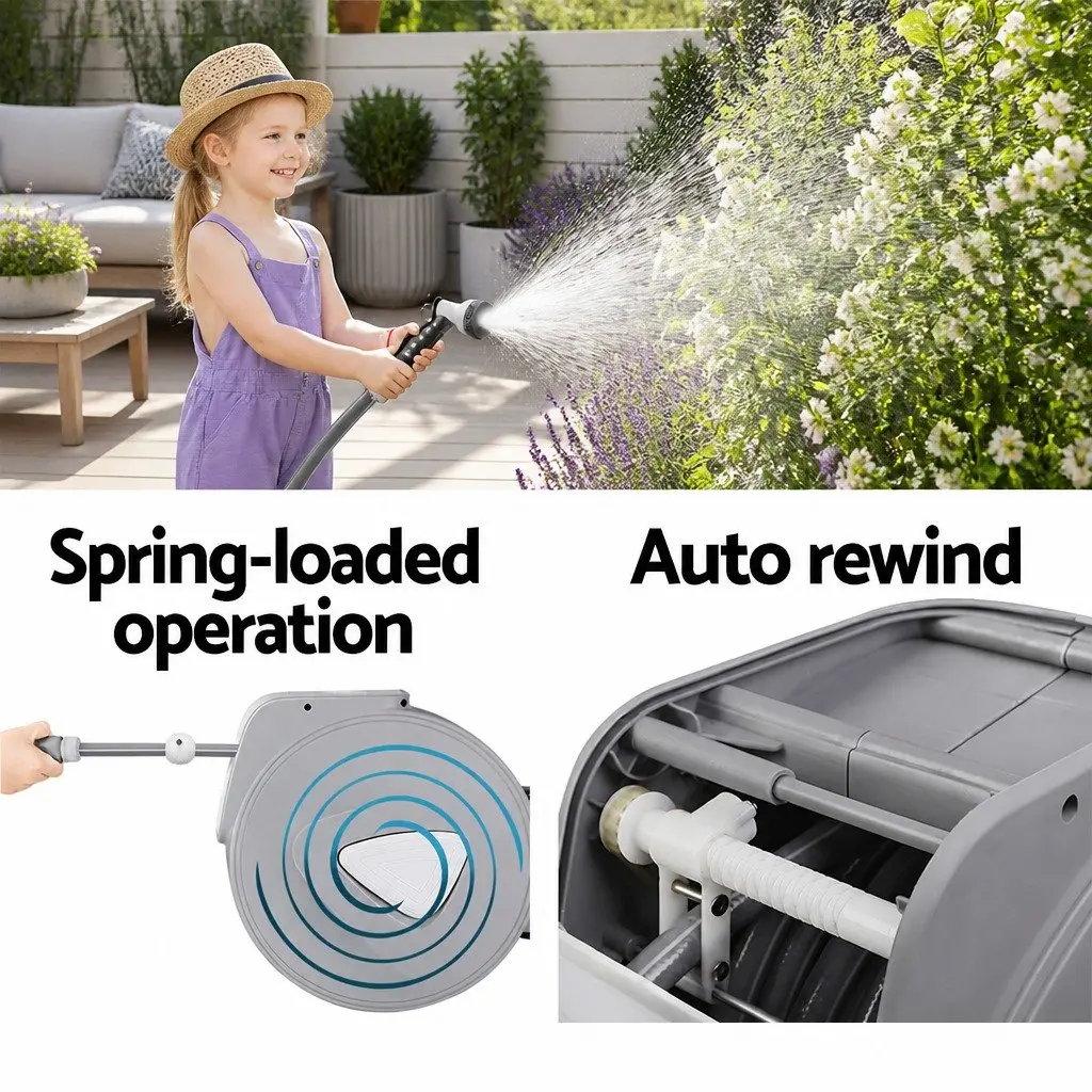 Retractable Water Hose Reel 20M with Spray Gun Wall Mount Grey Automatic Rewind Garden Tool