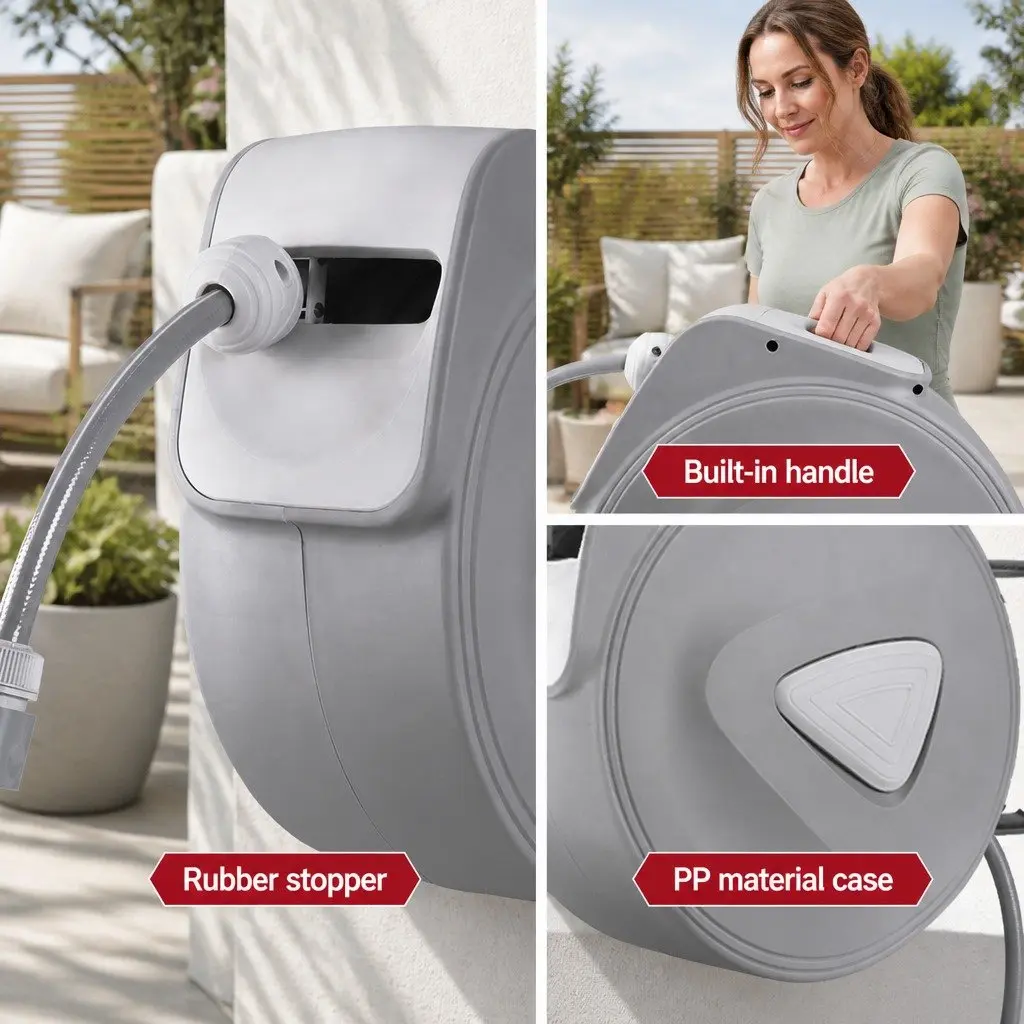 Retractable Water Hose Reel 20M with Spray Gun Wall Mount Grey Automatic Rewind Garden Tool