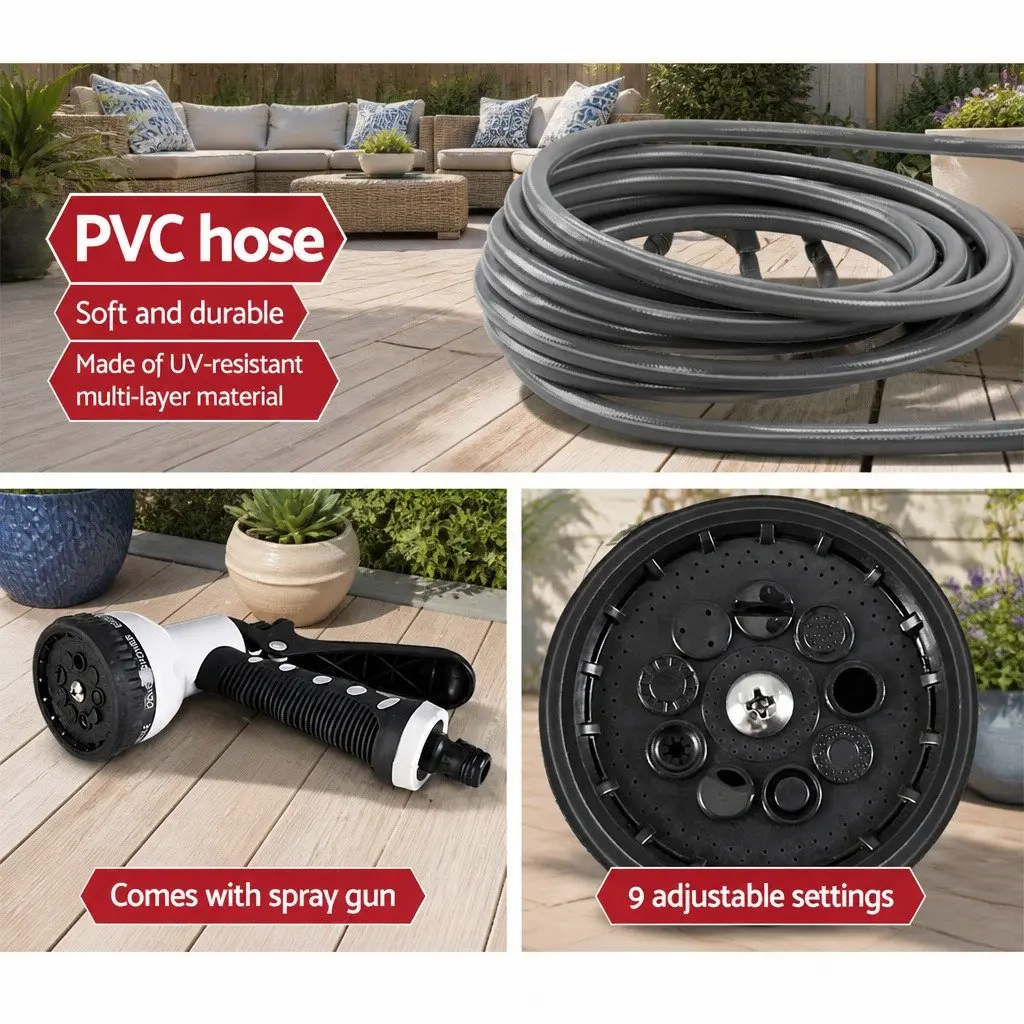 Retractable Water Hose Reel 20M with Spray Gun Wall Mount Grey Automatic Rewind Garden Tool