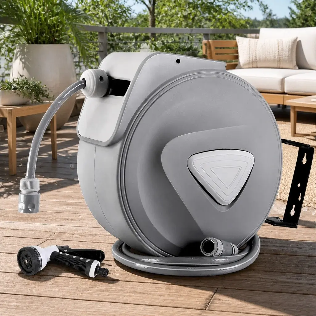 Retractable Water Hose Reel 20M with Spray Gun Wall Mount Grey Automatic Rewind Garden Tool