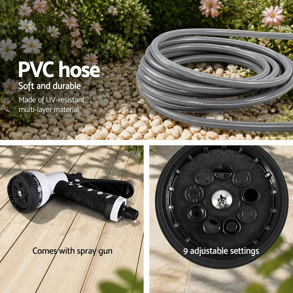 Water Hose Reel Retractable PVC 30M Grey