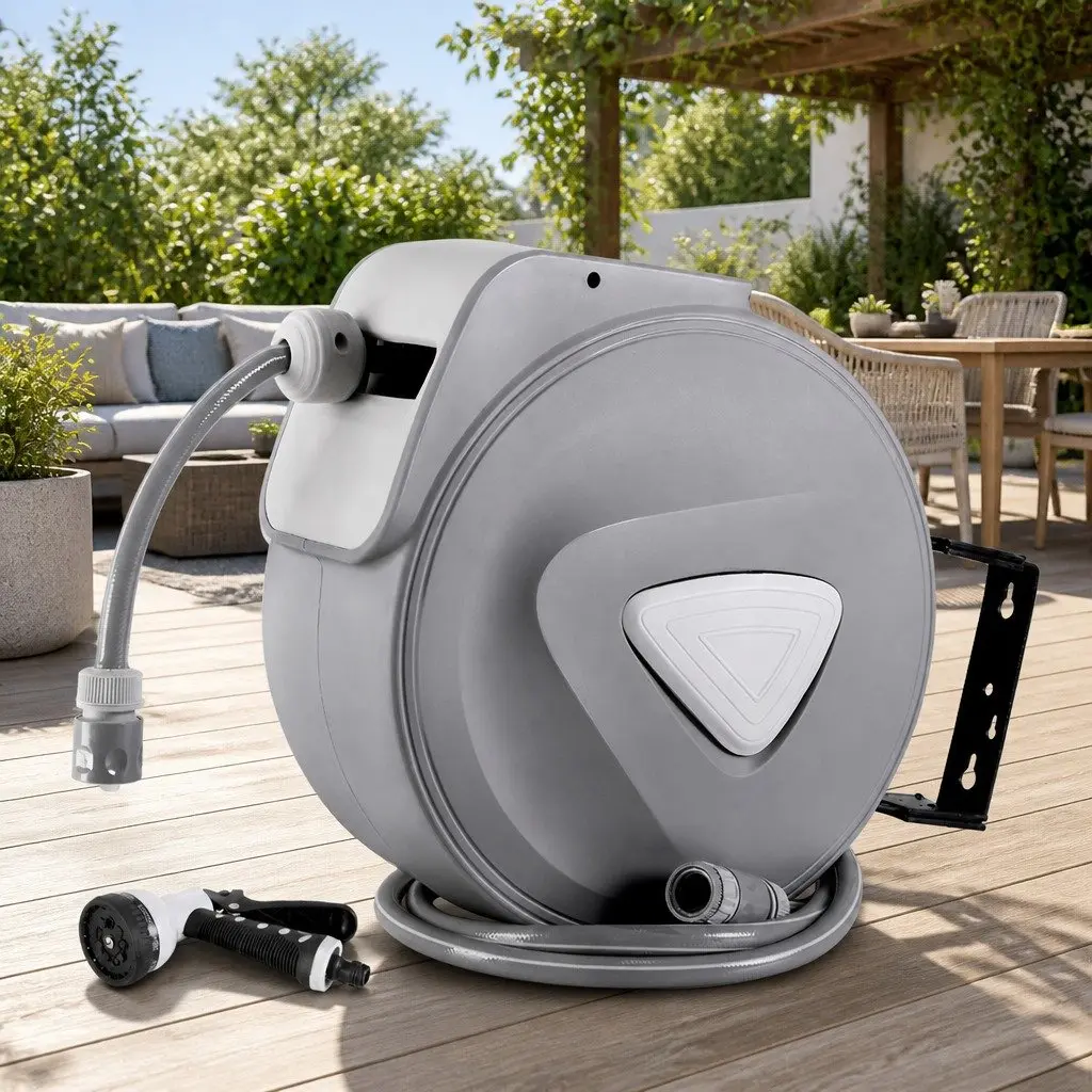Water Hose Reel Retractable PVC 30M Grey