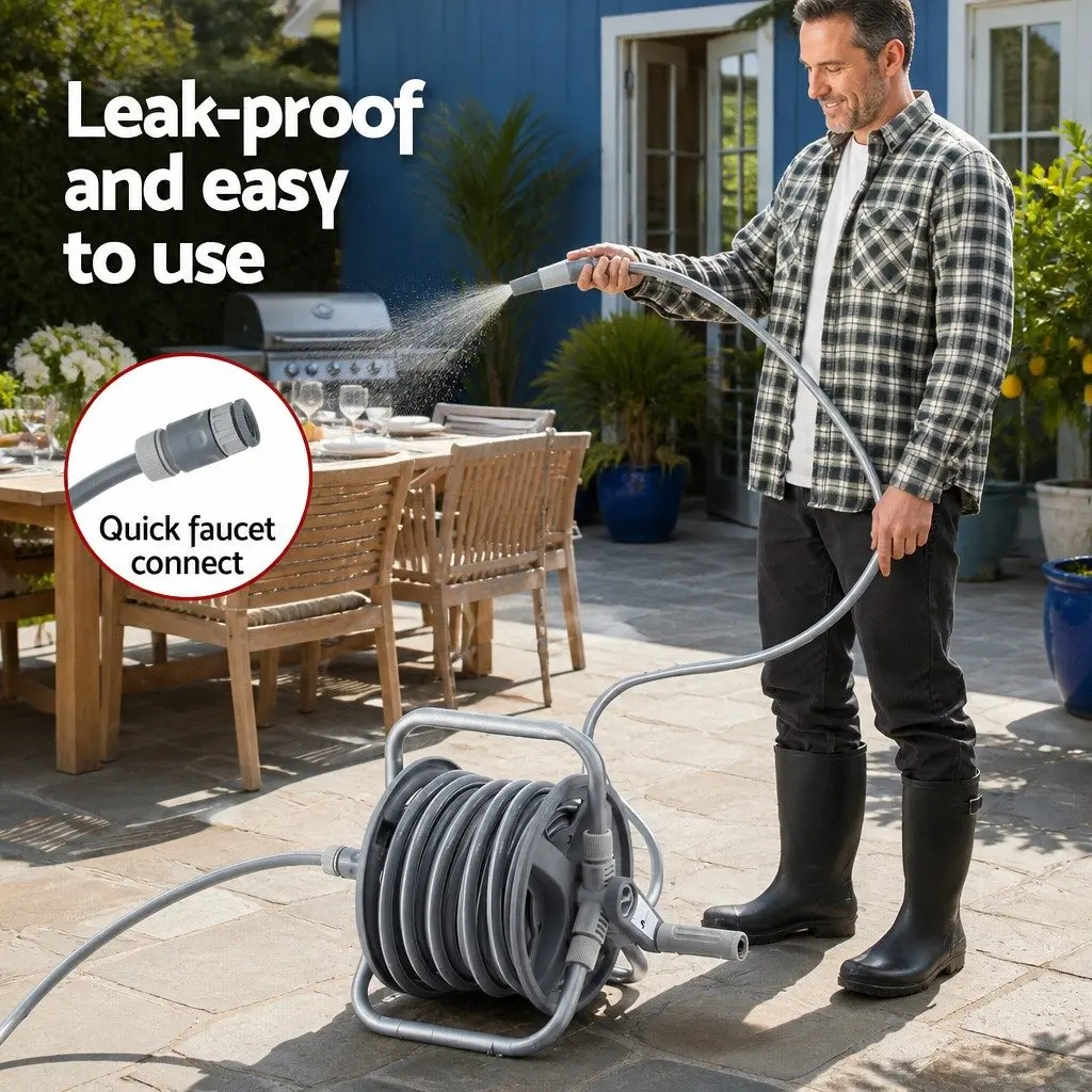 Garden Hose Reel 20m Retractable Auto Rewind Heavy Duty 1/2" Spray Gun Grey