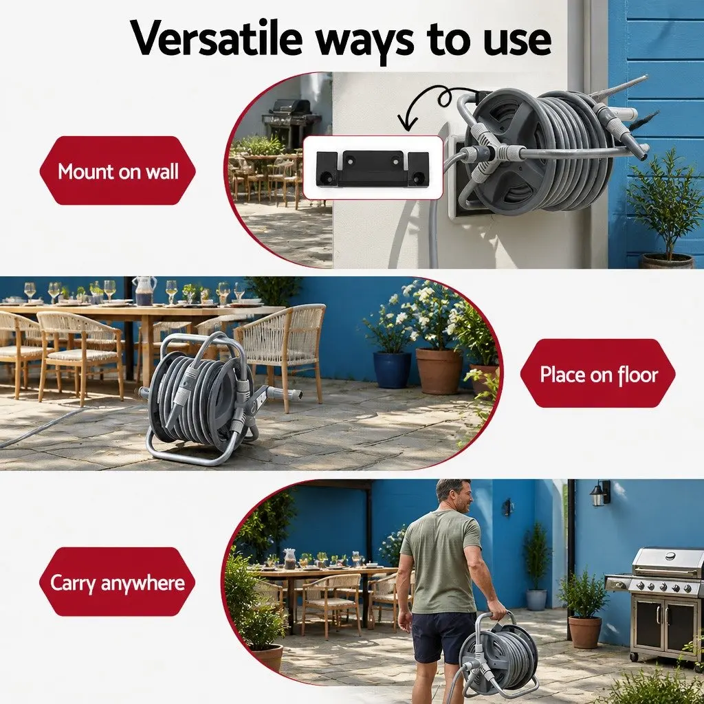 Garden Hose Reel 20m Retractable Auto Rewind Heavy Duty 1/2" Spray Gun Grey