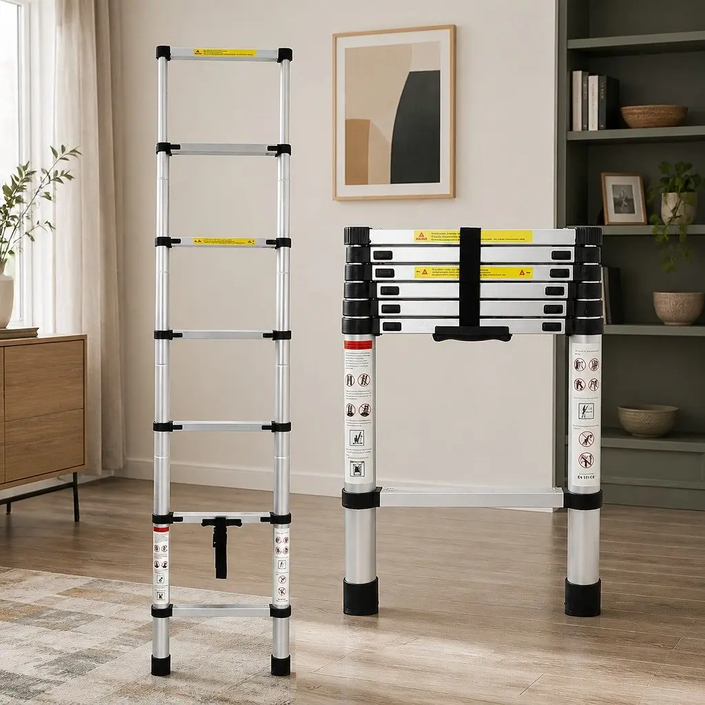 Telescopic Ladder Aluminium 2M Extendable Collapsible Silver