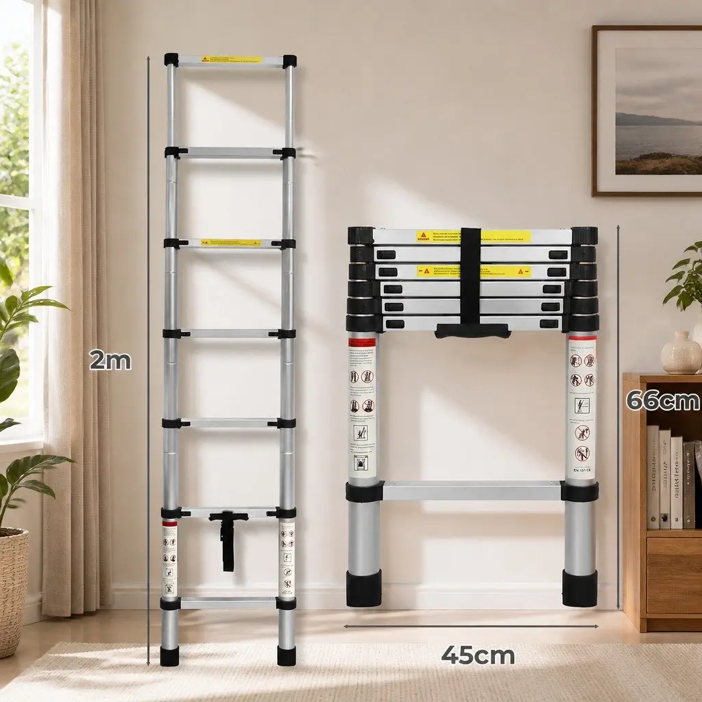 Telescopic Ladder Aluminium 2M Extendable Collapsible Silver
