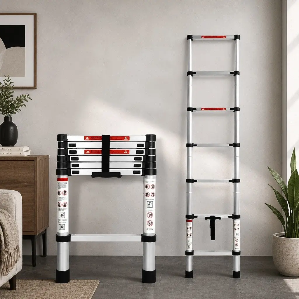 Telescopic Ladder Aluminium 2M Extendable Collapsible Silver