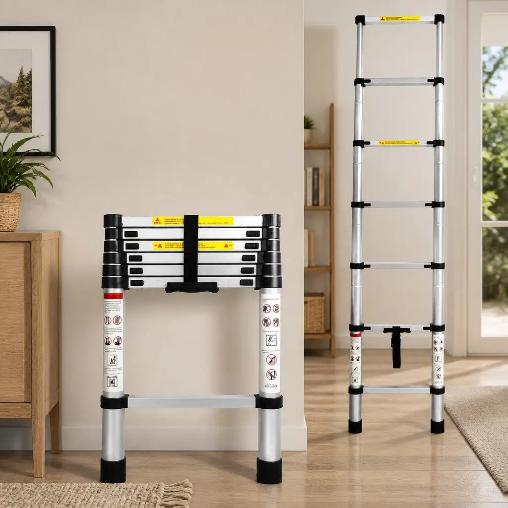 Telescopic Ladder Aluminium 2M Extendable Collapsible Silver