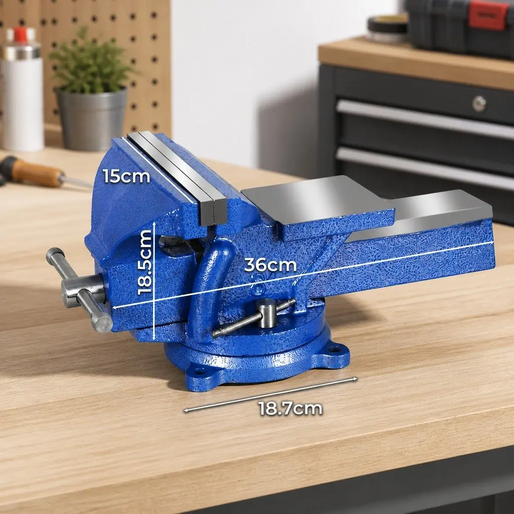 Bench Vice Heavy Duty Cast Iron 200mm Swivel Base Blue Workshop Tool with Integrated Anvil for Woodworking and Metalworking