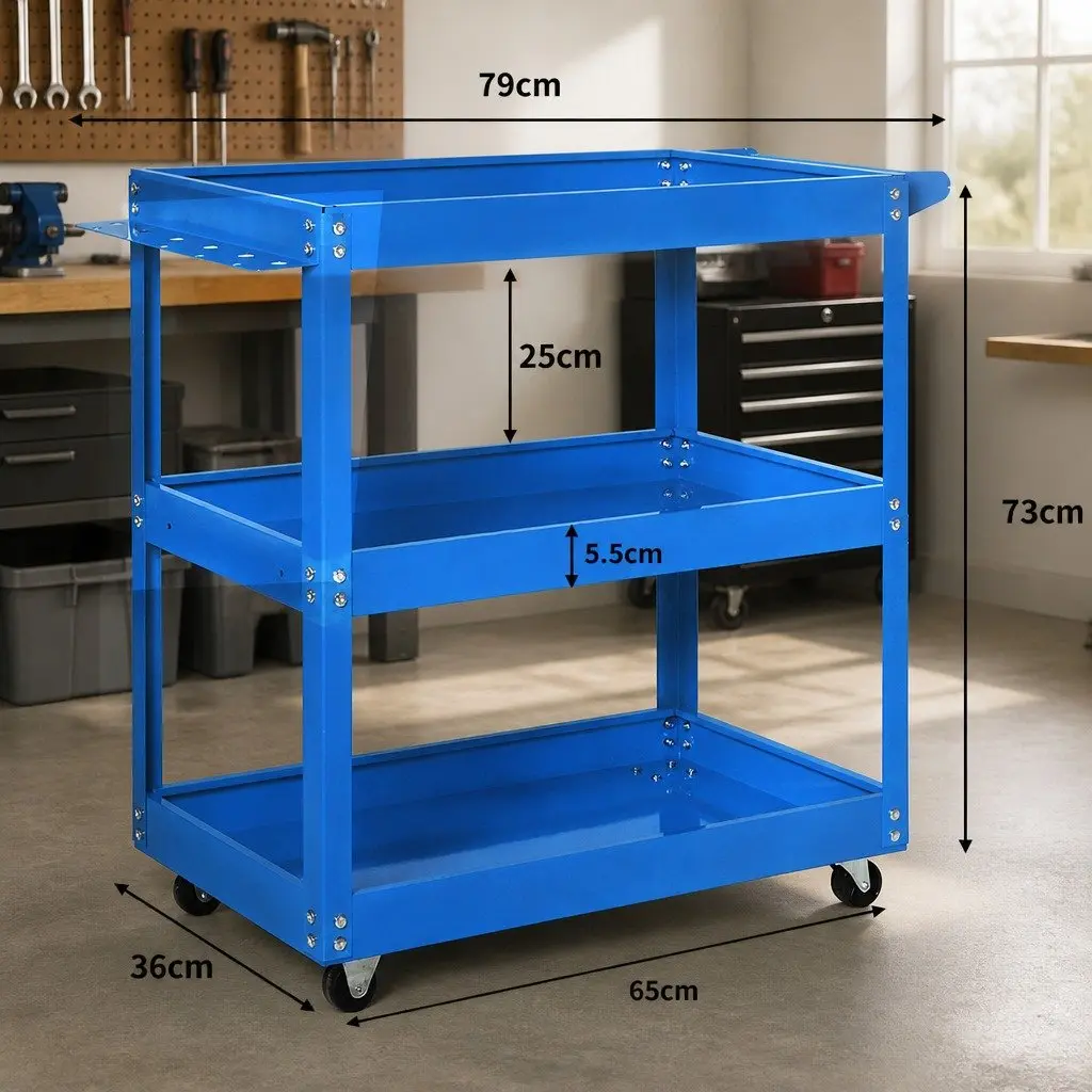Tool Cart Trolley Cold-Rolled Steel 79cm x 36cm x 73cm Blue with Storage Trays and Castor Wheels