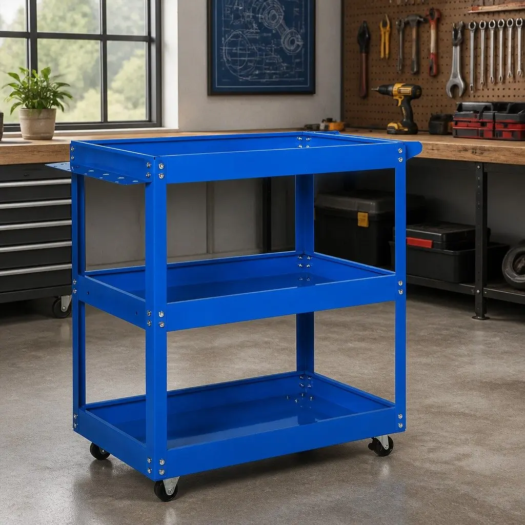 Tool Cart Trolley Cold-Rolled Steel 79cm x 36cm x 73cm Blue with Storage Trays and Castor Wheels