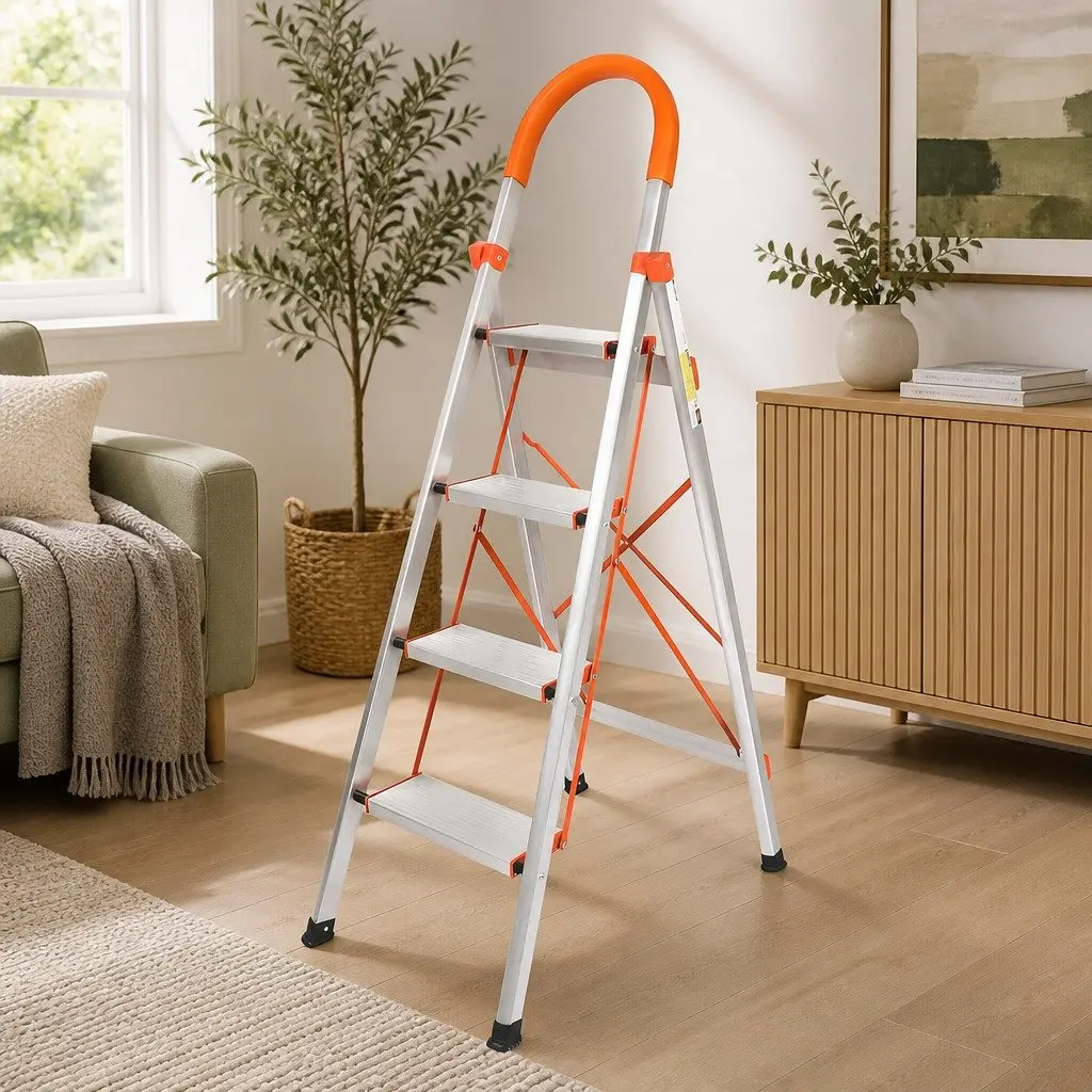 Folding Aluminium Step Ladder Single-Sided 4 Step Portable Silver