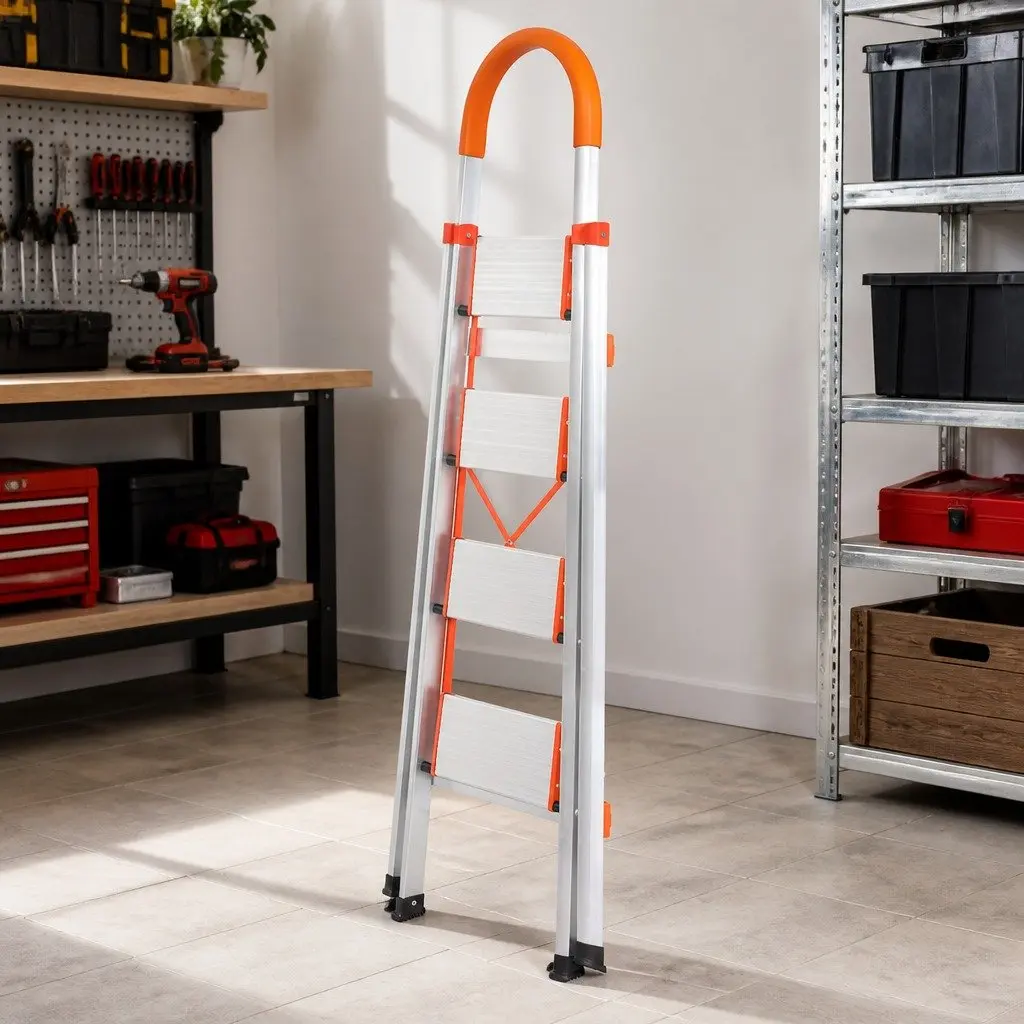 Folding Aluminium Step Ladder Single-Sided 4 Step Portable Silver
