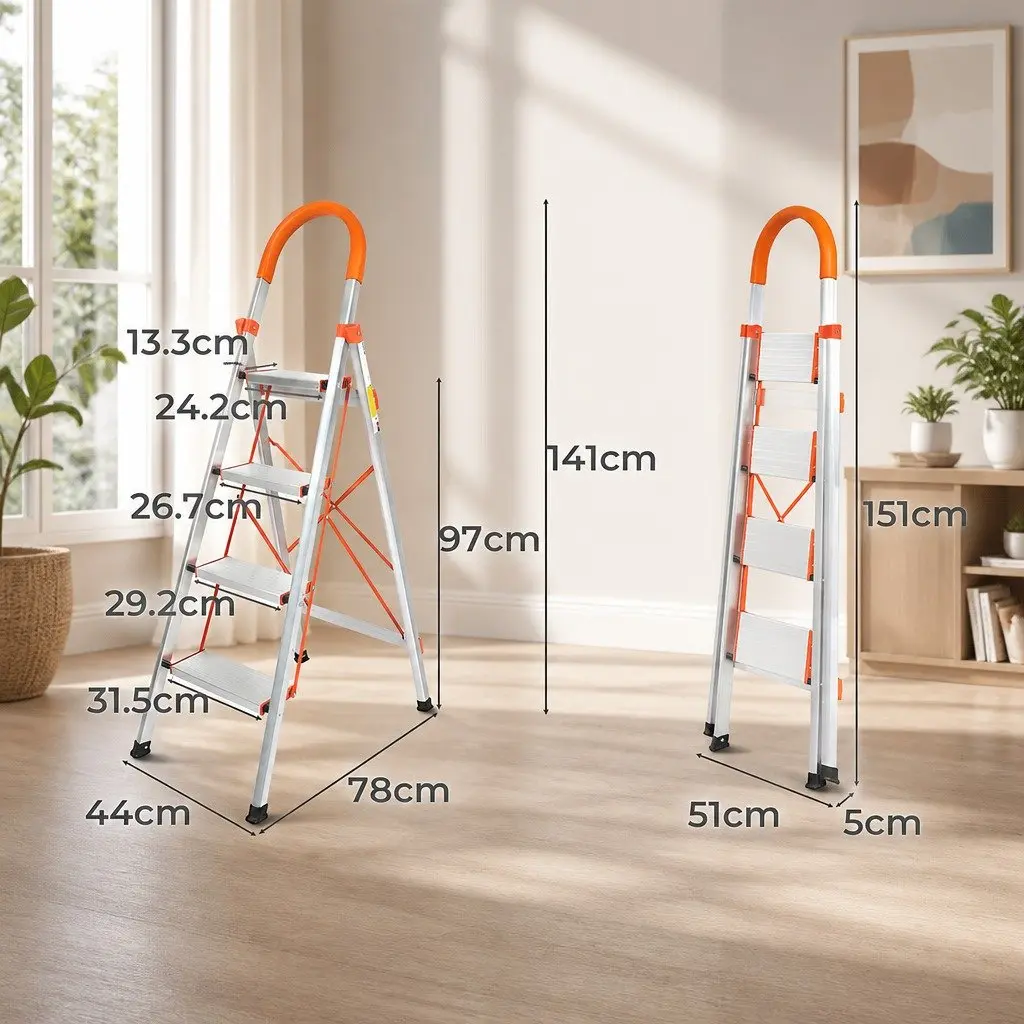 Folding Aluminium Step Ladder Single-Sided 4 Step Portable Silver