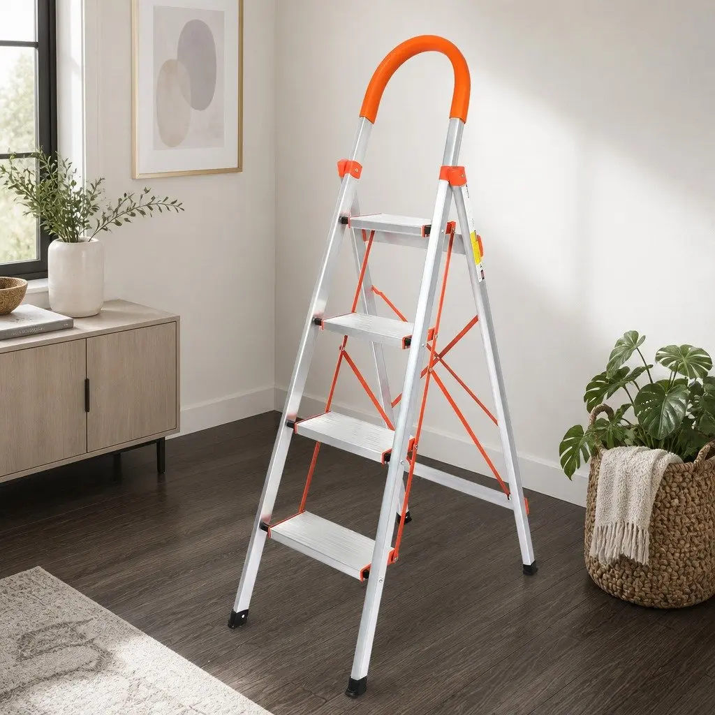 Folding Aluminium Step Ladder Single-Sided 4 Step Portable Silver