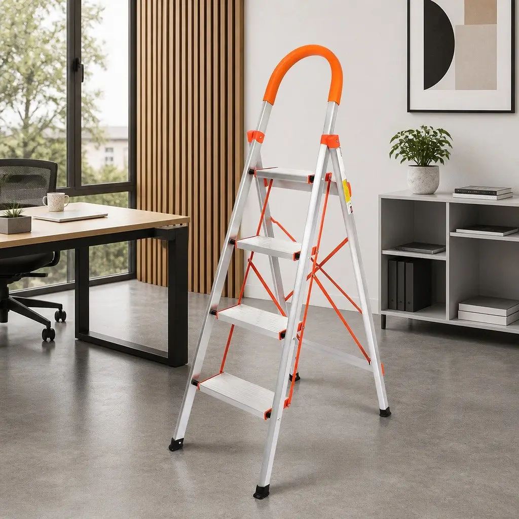 Folding Aluminium Step Ladder Single-Sided 4 Step Portable Silver
