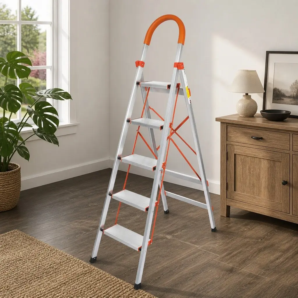 5 Step Folding Ladder Aluminium Non-Slip Grooved Steps Home Workshop Garage