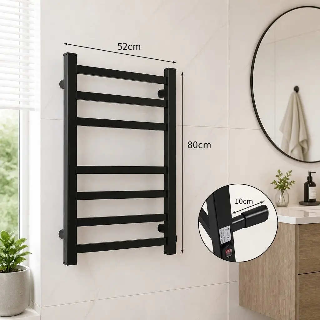 Heated Towel Rail Warmer Electric 7 Bar Wall Mounted Aluminium 80cm H Matte Black