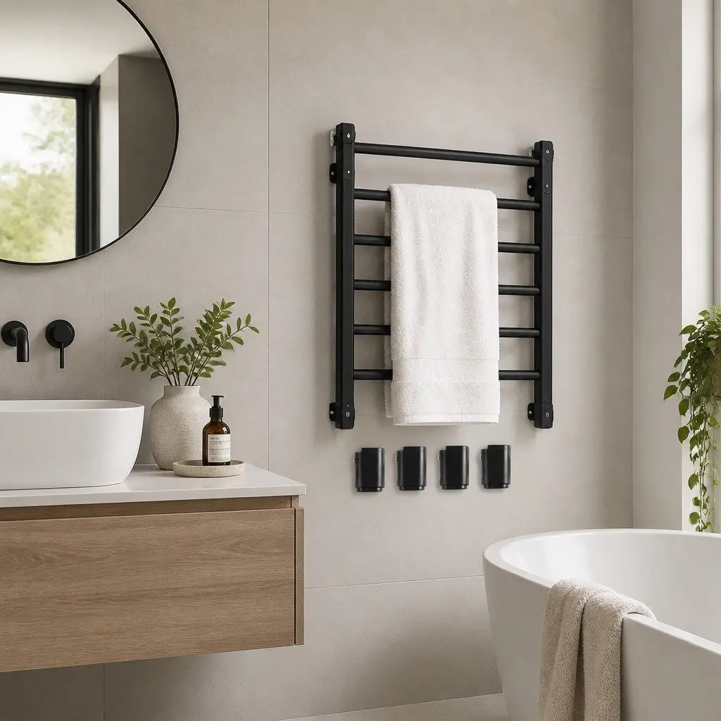 Heated Towel Rail Warmer Electric 7 Bar Wall Mounted Aluminium 80cm H Matte Black