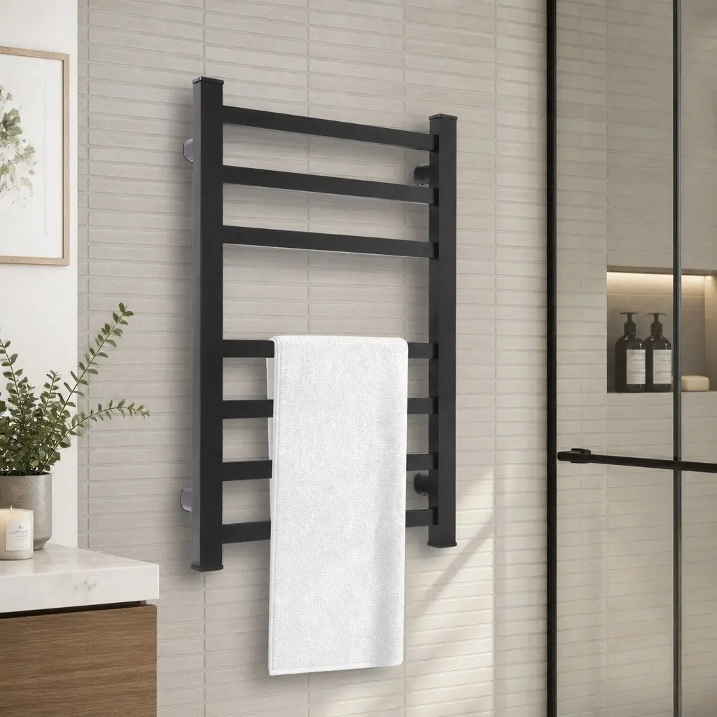 Heated Towel Rail Warmer Electric 7 Bar Wall Mounted Aluminium 80cm H Matte Black